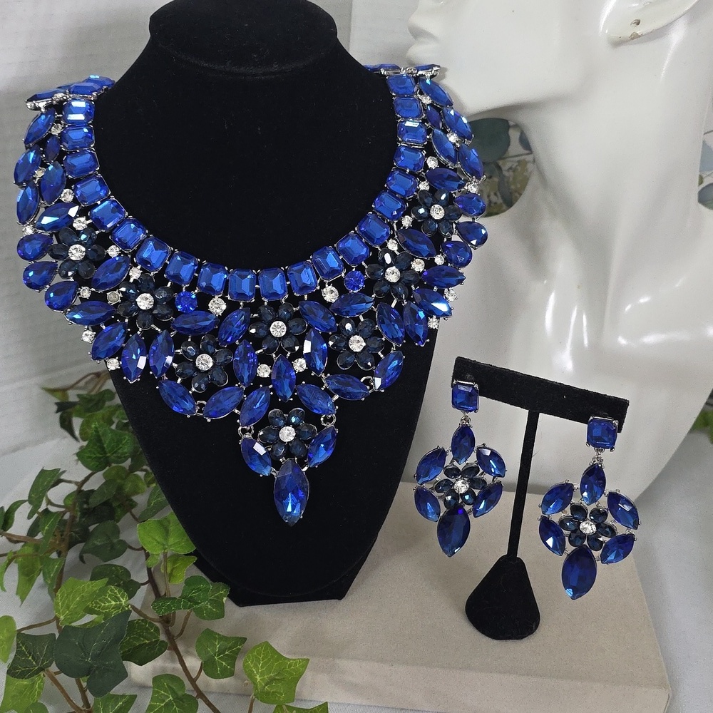 Statement Silver with Blue Crystal Stones Necklace and Matching Earrings Set